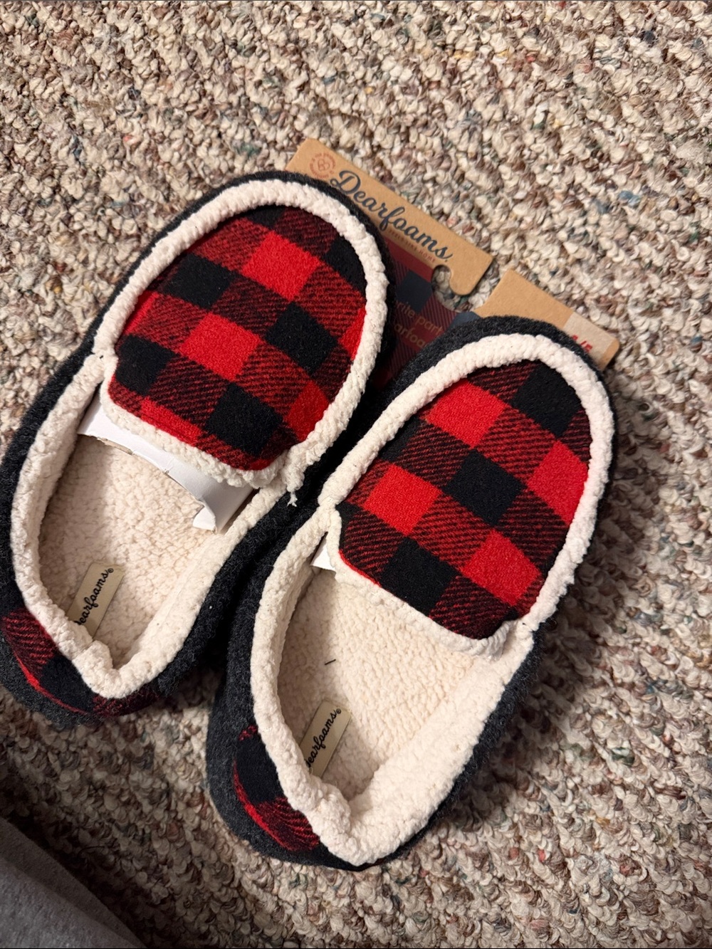 dearfoams Red & Black Buffalo Plaid Sherpa Moccasins